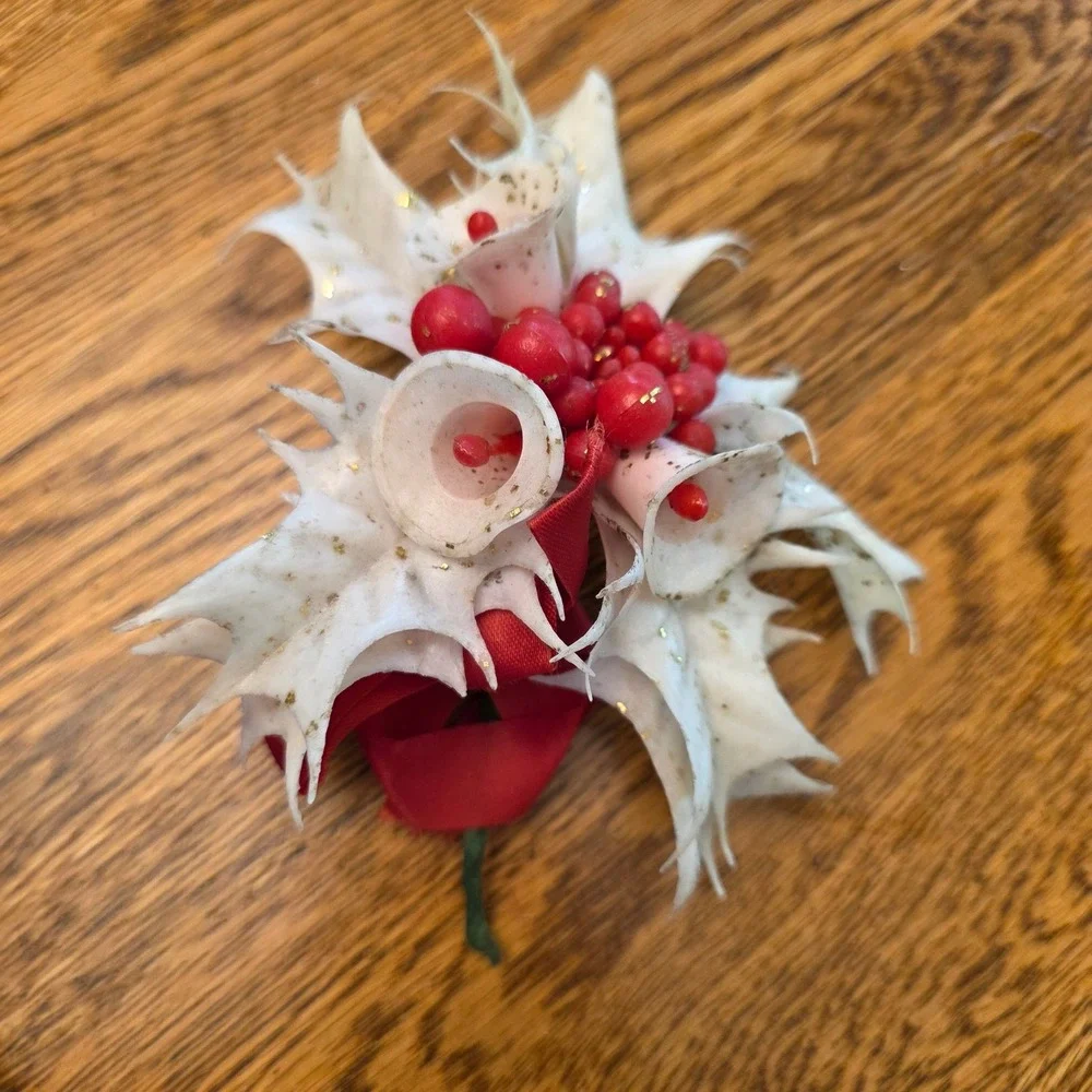 Vintage Christmas Holly Plastic Flocked White Gold Glitter Red Berries MCM Retro